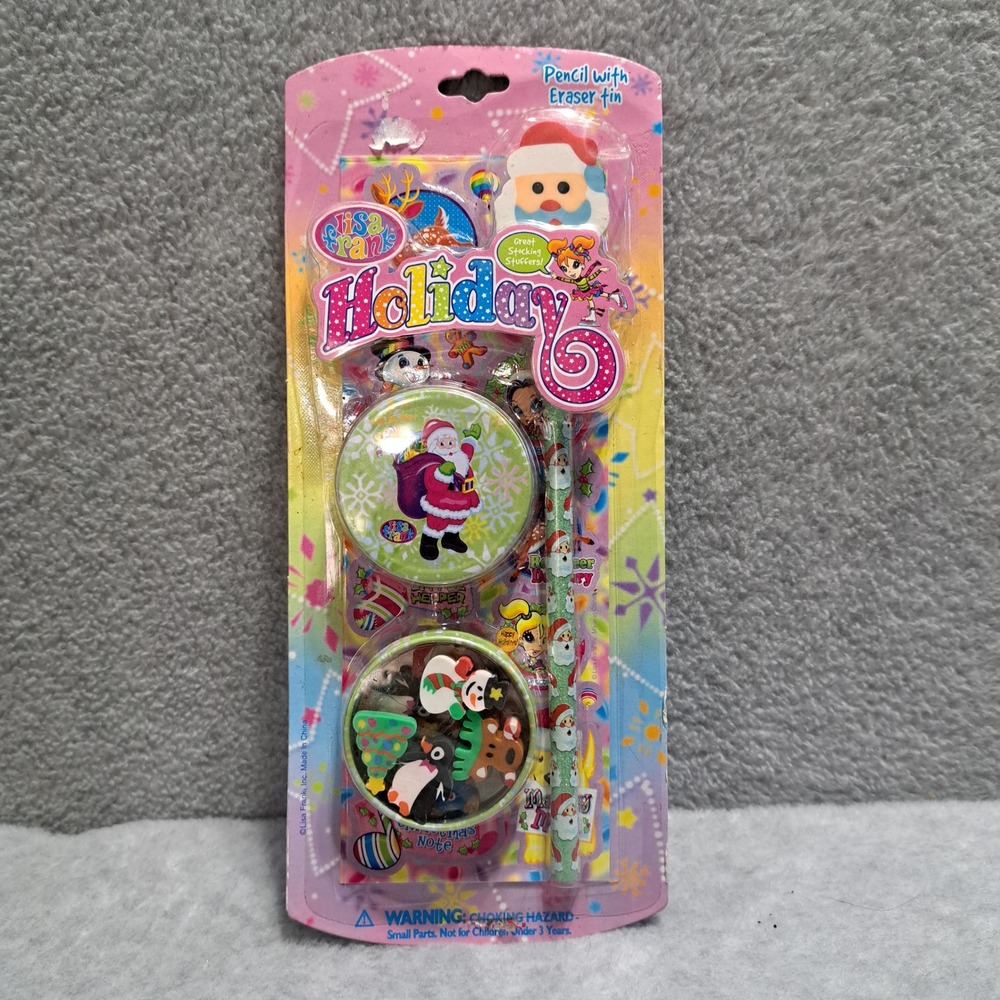 Lisa Frank Holiday Pencil with Eraser Tin Set Unisex OS Multi Santa Penguin NEW